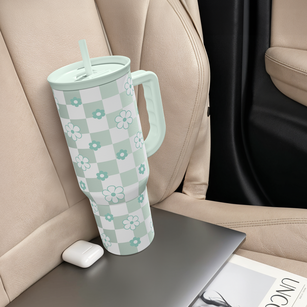 40oz Daisy Flower Tumbler with Handle and Straw - Insulated Stainless Steel Coffee Travel Mug for Women Girls, Floral Gift Idea for Birthday Christmas