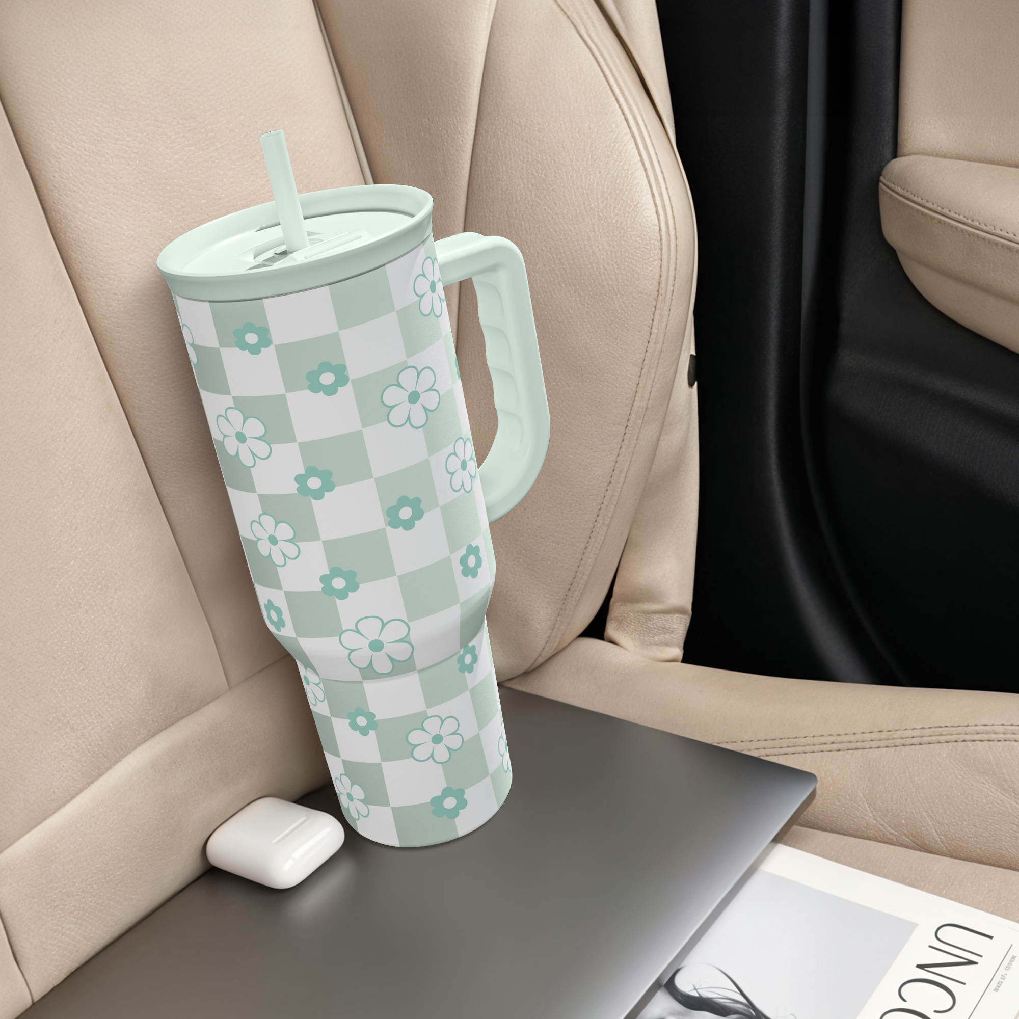 40oz Daisy Flower Tumbler with Handle and Straw - Insulated Stainless Steel Coffee Travel Mug for Women Girls, Floral Gift Idea for Birthday Christmas