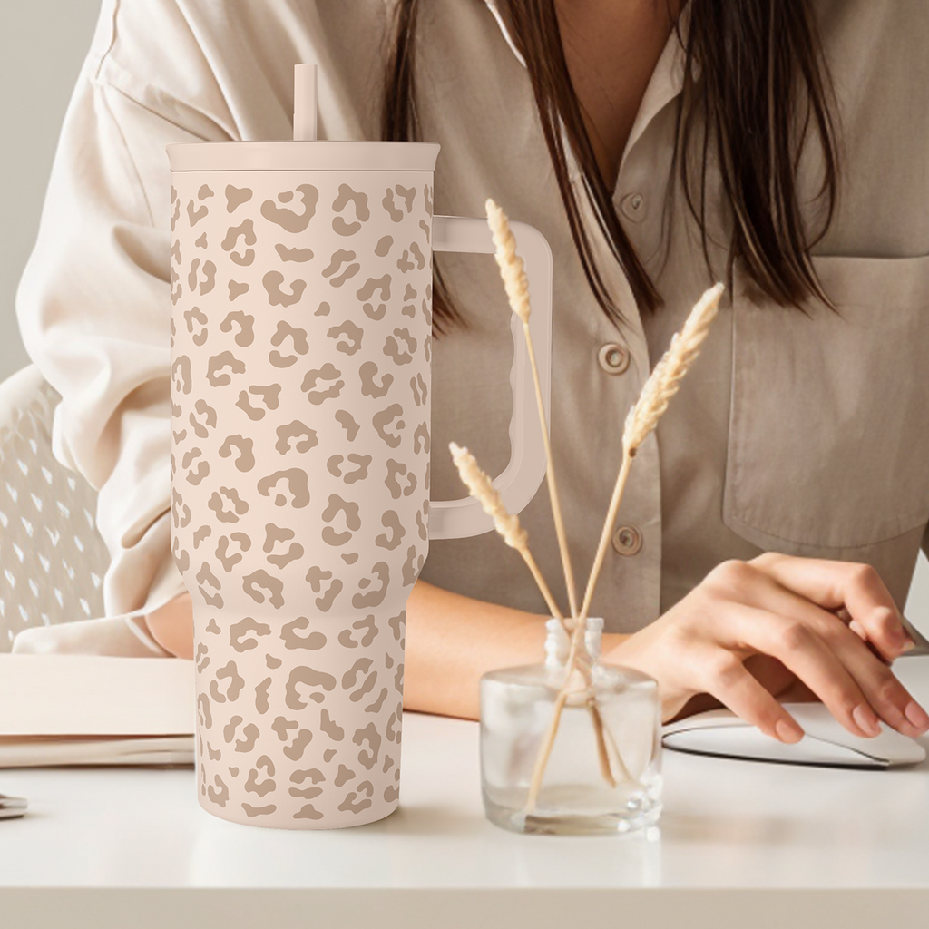 Leopard Tumbler with Handle, Insulated Cup Stainless Steel Travel Mug Cup, Gifts for Women Girl on Birthday Christmas, Tan Leopard, 40oz