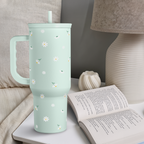 Daisy Flower Tumbler with Handle and Straw - Insulated Stainless Steel Coffee Travel Mug for Women Girls, Floral Gift Idea for Birthday Christmas